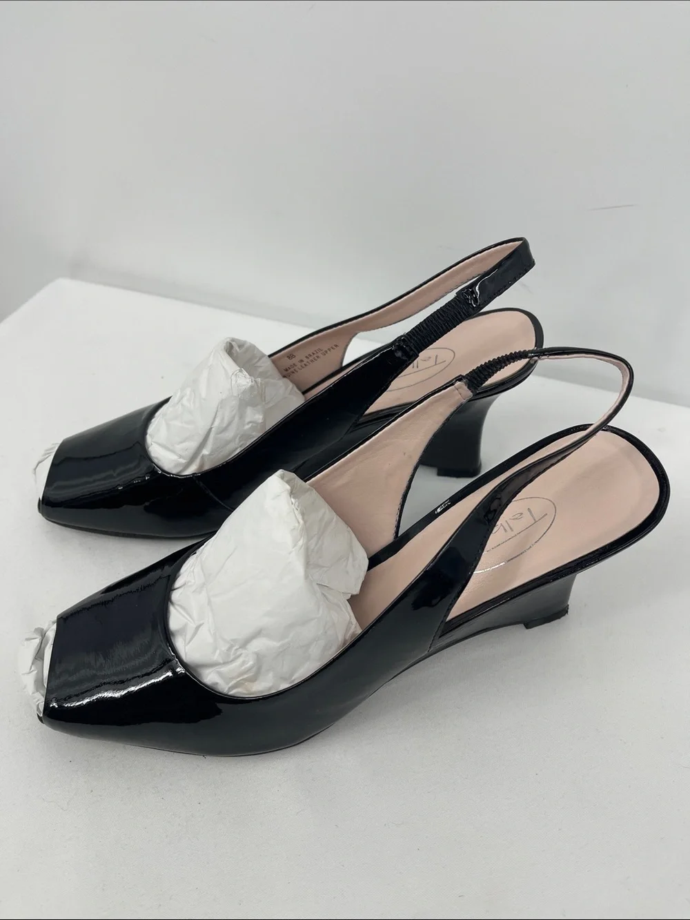 Talbots Black Patent Peep-Toe SIZE 8B LEATHER Slingback wedge Heels NWOT